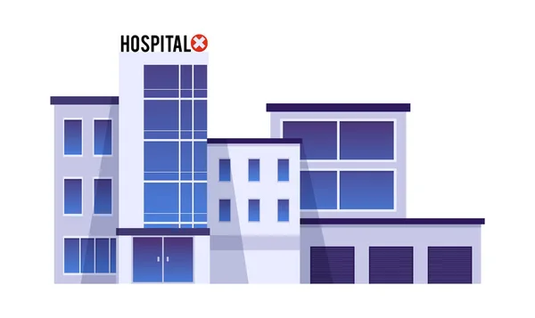 现代医院建筑外墙有大玻璃窗 平面矢量图以白色背景隔离 诊所图标 救护车站台 保健的概念 — 图库矢量图片