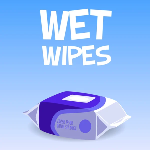 ぬれたワイプ広告ポスター フラットベクトルイラスト 個人衛生のための湿った組織やナプキン 湿った紙組織のプラスチックパッケージ — ストックベクタ