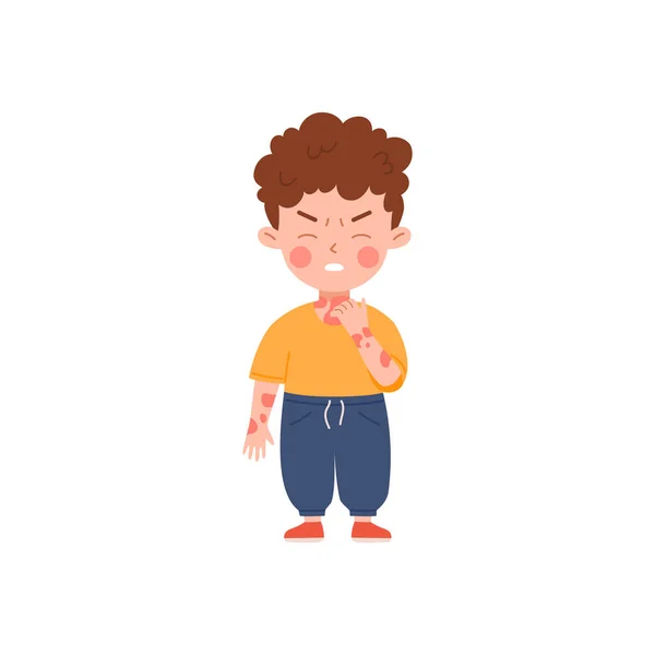 Αγχωμένο Παιδί Αγόρι Που Έχει Φαγούρα Σημεία Της Ατοπικής Δερματίτιδας — Διανυσματικό Αρχείο