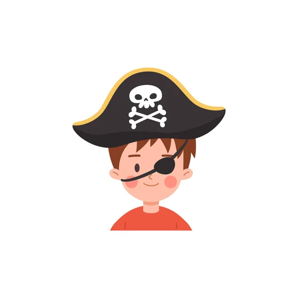 Netter Kleiner Junge Mit Piratenmütze Und Augenklappe Cartoon Flache Vektorillustration — Stockvektor