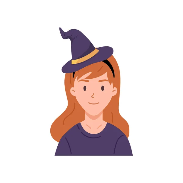 Smiling Girl Wearing Headband Witches Hat Cartoon Flat Vector Illustration — Stock Vector