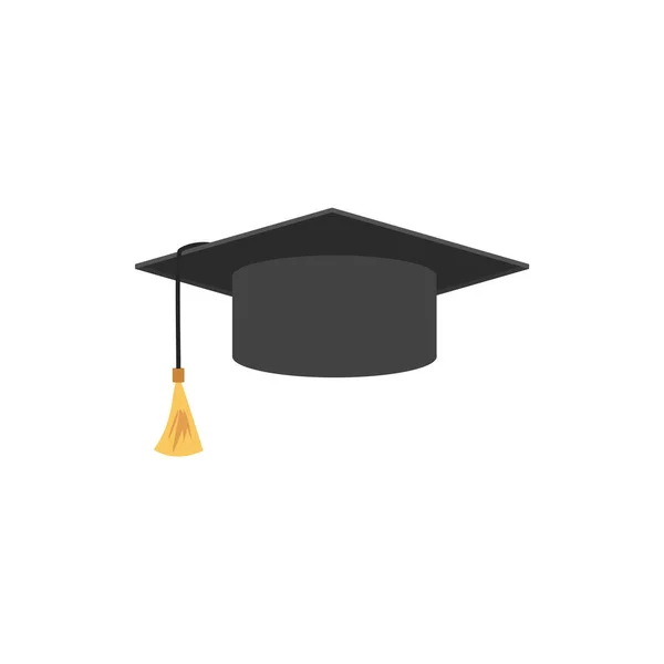 高校や大学のキャップフラット漫画のベクトルイラスト白の背景に隔離された 黄金のタッセルアイコンやシンボルと学位式黒の帽子 — ストックベクタ