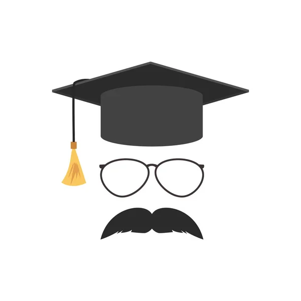 大学キャップと口ひげを持つ教授のマスク要素 白い背景に隔離されたフラット漫画ベクトルイラスト 黒学生の帽子で眼鏡と口ひげ — ストックベクタ