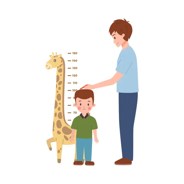 Father Measuring Height His Son Flat Vector Illustration Isolated White — Stock Vector