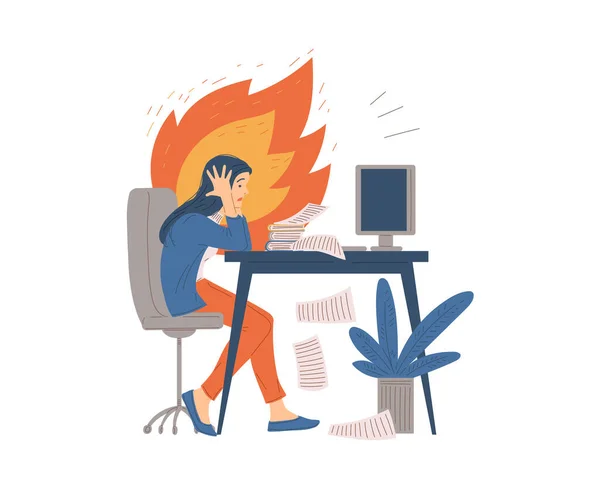 Burnout Trabalhador Conceito Fadiga Com Empregado Cansado Estressado Mesa Burnout —  Vetores de Stock
