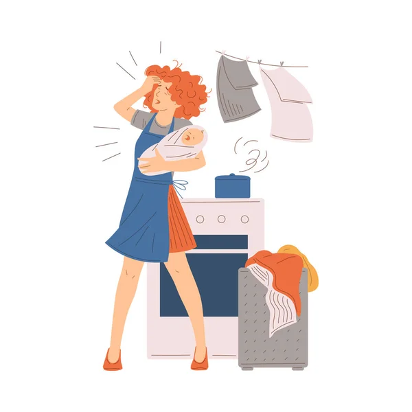 Femme Foyer Fatiguée Ménage Garde Enfants Burnout Fatigue Des Tâches — Image vectorielle
