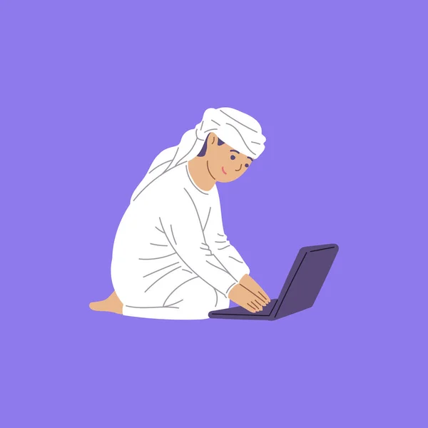 Menino Árabe Feliz Usando Laptop Ilustração Vetorial Plana Isolada Fundo —  Vetores de Stock