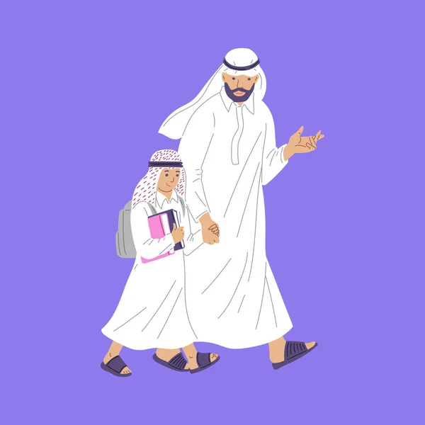 Criança Árabe Com Pai Caminhando Para Escola Ilustração Vetorial Plana —  Vetores de Stock