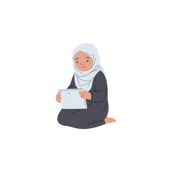 Arabisch Muslimisches Mädchen Das Mit Einem Tablet Auf Dem Boden — Stockvektor