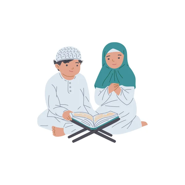 Crianças Árabes Sentadas Juntas Chão Lendo Noble Quran Ilustração Vetorial —  Vetores de Stock
