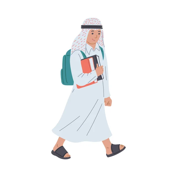 Árabe Musulmán Escolar Niño Personaje Dibujos Animados Ilustración Vectorial Plana — Vector de stock