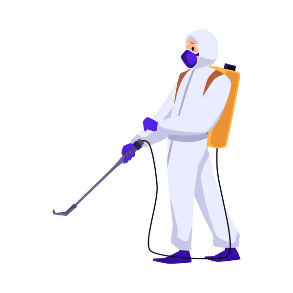 Persona Traje Blanco Protector Spray Desinfectante Ilustración Vectorial Plana Aislada — Archivo Imágenes Vectoriales