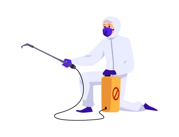 Exterminador Profesional Sobre Una Rodilla Con Spray Desinfectante Ilustración Vectorial — Archivo Imágenes Vectoriales