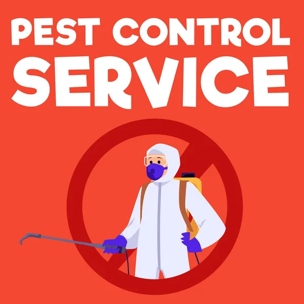 Pest Control Service Advertising Poster Pria Berbaju Pelindung Dan Semprot - Stok Vektor