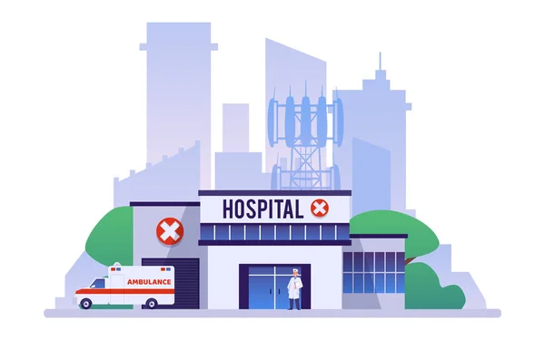 Sjukhus Komplex Klinik Byggnader För Brådskande Behandling Och Sjukvård Platt — Stock vektor