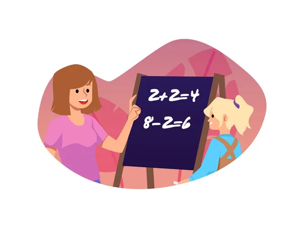 Fiatal Dadus Gyermek Lány Tanulás Matematika Lapos Stílus Vektor Illusztráció — Stock Vector