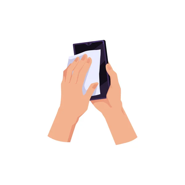 Руки Стирають Мобільний Телефон Плоский Стиль Векторні Ілюстрації Ізольовані Білому — стоковий вектор