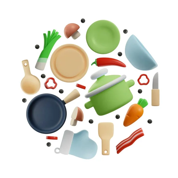 Kitchenware Cookware 스타일로 배경에 일러스트이다 음식을 준비하기 부엌에서 사용하는 식기를 — 스톡 벡터