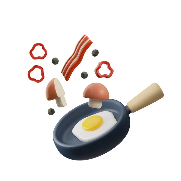 Menggoreng Panci Dengan Telur Daging Dan Jamur Dalam Gaya Ilustrasi - Stok Vektor