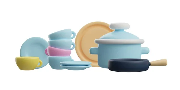3Dスタイルで設定されたキッチンウェア 白い背景に隔離されたベクトルイラスト かわいい青と黄色のカップ プレート フライパンや調理鍋 調理用の台所用品 — ストックベクタ