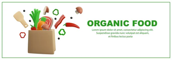 Plantilla Póster Horizontal Alimentos Orgánicos Con Comida Bolsa Comestibles Ilustración — Vector de stock
