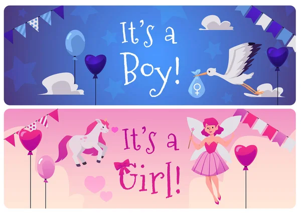 ベビーシャワーバナーセット 漫画フラットベクトルイラスト かわいい子供っぽい要素を持つピンクと青のポスター ユニコーンと袋に赤ちゃんを運ぶコウノトリ 女の子で男の子の説明です — ストックベクタ