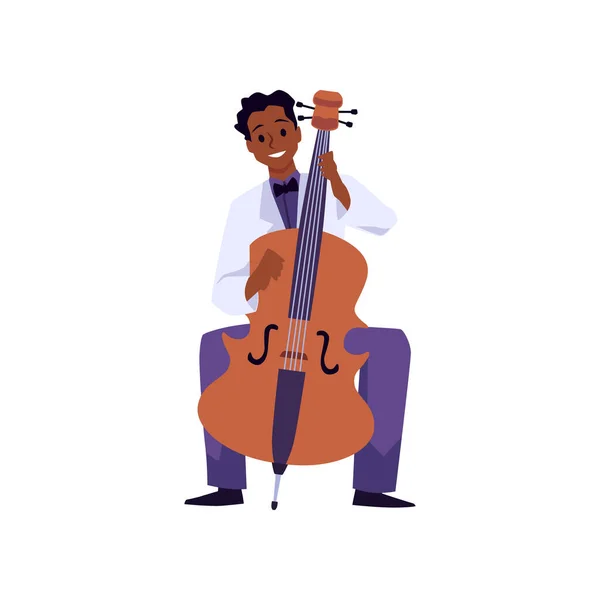 Homme Afro Américain Jouant Basse Pour Violoncelle Illustration Vectorielle Plate — Image vectorielle