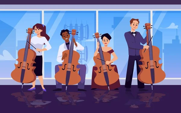 乐队演奏大提琴乐器 平面矢量插图 不同的人都会拉小提琴在活动中表演的男女音乐家群体 — 图库矢量图片