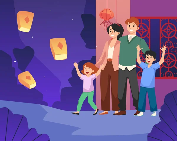 Família Com Crianças Liberando Lanternas Juntos Ilustração Vetorial Plana Celebração — Vetor de Stock