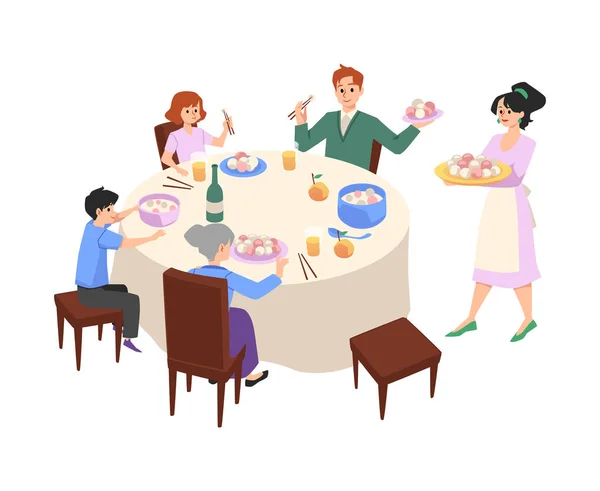 Des Gens Table Mangeant Des Boules Riz Une Famille Heureuse — Image vectorielle