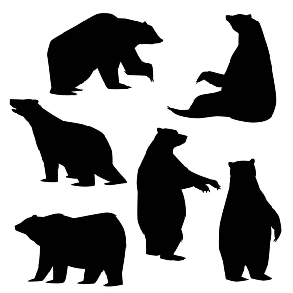 さまざまなポーズのフラットスタイルのホッキョクグマの黒いシルエットのセット 白い背景に隔離されたベクトルイラスト デザイン要素の収集 北極動物 — ストックベクタ
