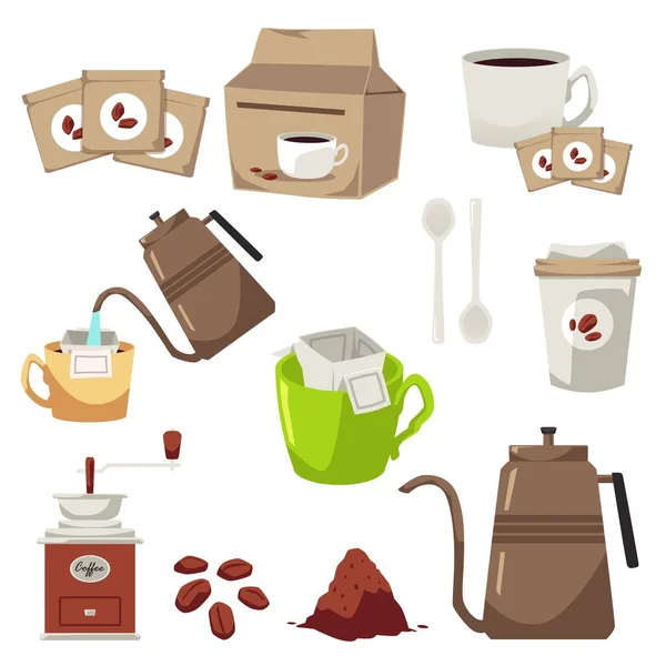 Drip Kaffee Und Brauprozess Symbole Satz Von Flachen Vektor Illustration — Stockvektor