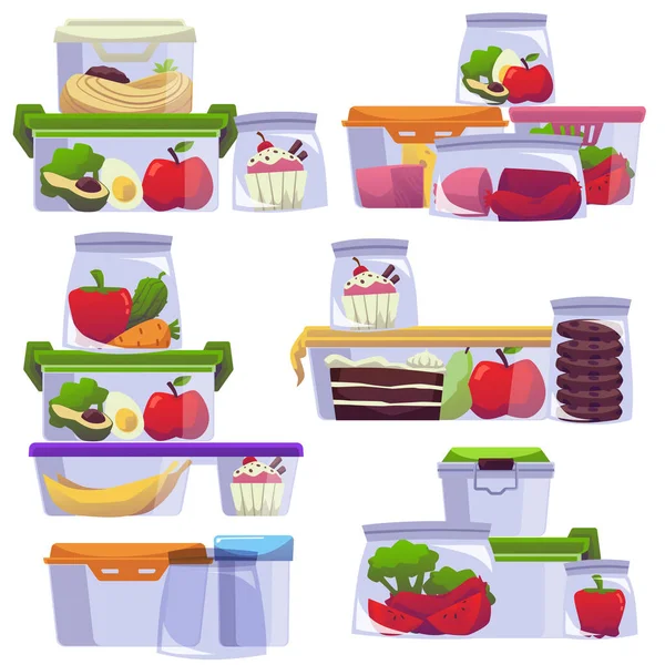 塑料容器 装有剩馀食物 用于冷冻和取出午餐 平面卡通矢量图像 白色背景孤立 食品储存和包装 — 图库矢量图片