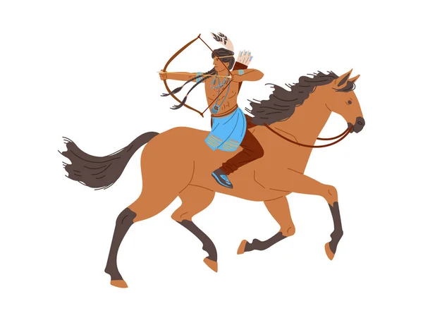 American Indian Man Horseback Draws Bowstring Flat Style Διανυσματική Απεικόνιση — Διανυσματικό Αρχείο