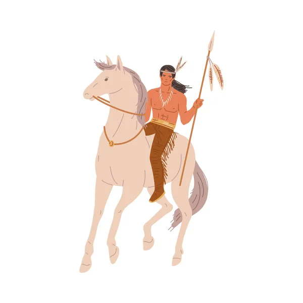 身穿传统服装 头戴马背平整羽毛的美国印第安人 背景为白色的矢量图解 手持长矛的人 装饰设计元素 土生土长 — 图库矢量图片