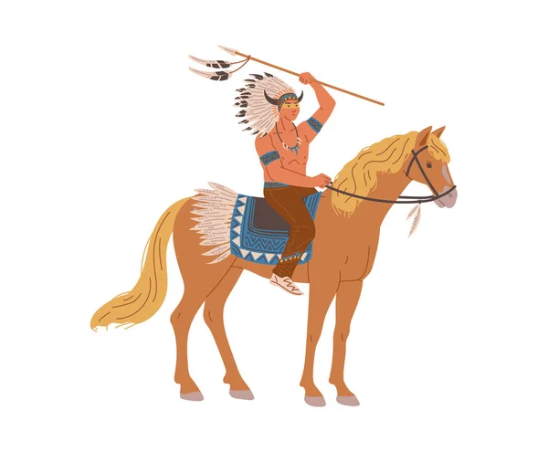 Warrior American Indian Man Hästryggen Platt Stil Vektor Illustration Isolerad — Stock vektor