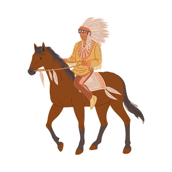 Amerikanische Indianer Reiten Pferd Flachen Stil Vektor Illustration Isoliert Auf — Stockvektor