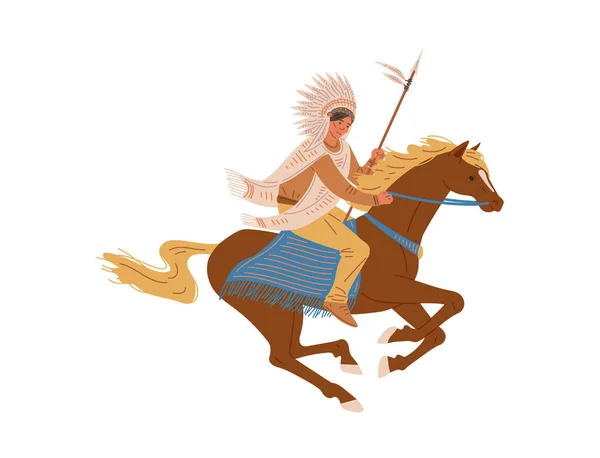美洲印第安人骑着马 手持长矛的扁平风格 在白色背景上孤立的矢量图解 带有装饰品和羽毛的本土传统服装 设计元素 — 图库矢量图片