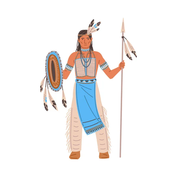 身穿传统服装的美洲印第安人 羽毛扁平 白色背景上孤立的矢量图解 装饰设计元素 男人手持长矛和盾牌 — 图库矢量图片