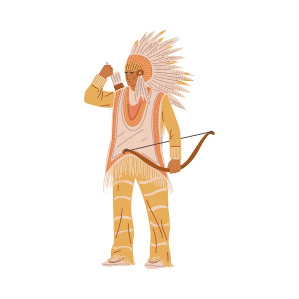 Standing American Indian Man Neemt Pijl Uit Pijlkoker Achter Rug — Stockvector