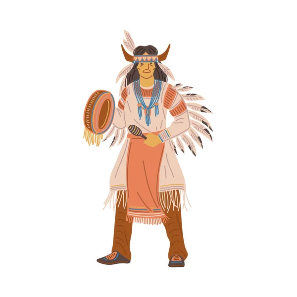 Old Man Traditional American Indian Cloth Accessories Playing Drum Flat — Stock Vector