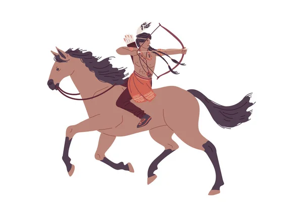 Amerykański Indianin Jadący Koniu Ciągnący Sznurek Łuku Stylu Płaskim Ilustracja — Wektor stockowy