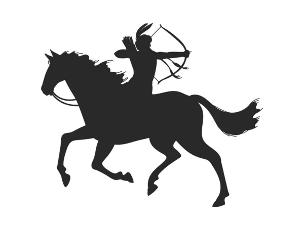 美国印第安人的黑色轮廓 马背平平风格 矢量图解孤立在白色背景 勇敢的人骑着马拉着弓弦 — 图库矢量图片