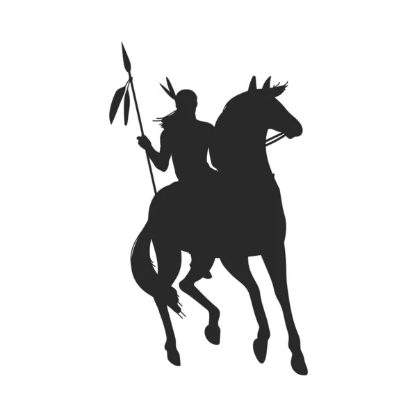 美洲印第安人骑着长矛骑着马背的黑色轮廓 白色背景上孤立的矢量图解 土生土长的 设计元素 传统服装与羽毛 — 图库矢量图片