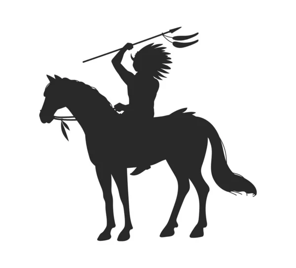 美国印第安人的黑色轮廓 马背平平风格 矢量图解孤立在白色背景 装饰设计元素 人品举起矛头 — 图库矢量图片