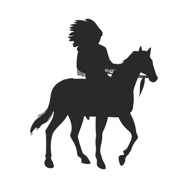 乗馬フラットスタイルの羽を持つ頭の中でアメリカインディアンの黒いシルエット 白い背景に隔離されたベクトルイラスト 伝統的な衣装 デザイン要素 ネイティブ — ストックベクタ