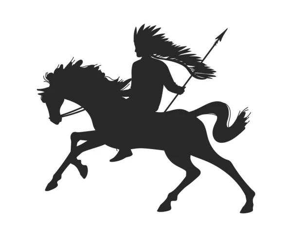 骑在马背上的美洲印第安人的黑色轮廓扁平的风格 在白色背景上孤立的矢量插图 头盖骨 头戴羽毛 手持长矛 — 图库矢量图片