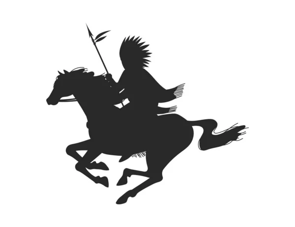 土生土长的美国战士骑着马 黑色的轮廓平面矢量图形孤立在白色的背景上 美洲印第安人的象征 骑着长矛的人 — 图库矢量图片
