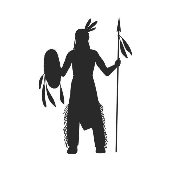 美洲印第安人部落战士与矛头 黑色轮廓平面矢量图形孤立的白色背景 持有传统武器的土著美国士兵 — 图库矢量图片