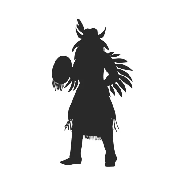Чёрный Силуэт Американского Индийца Костюме Перьями Выстроен Плоский Щит Векторная — стоковый вектор